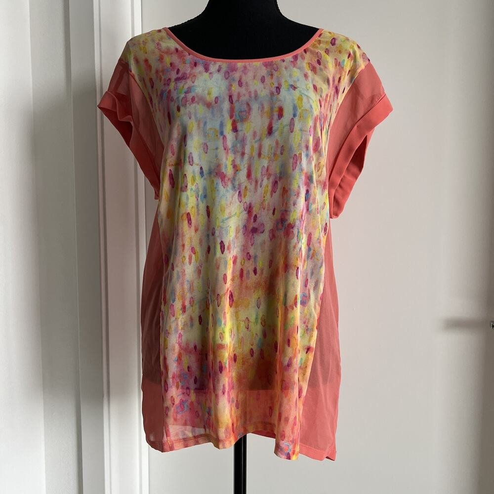 Trouvé Top Womens Medium Multicolor Sheer Short Sleeve Artsy Boho Watercolor